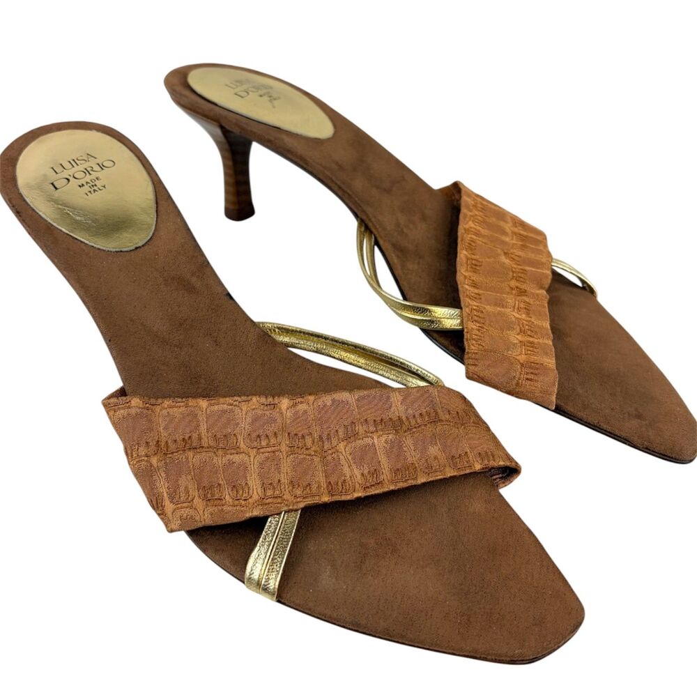 Luisa D'Orio Italian Leather Suede Slide Mule Sandals Kitten Heel Size 7.5